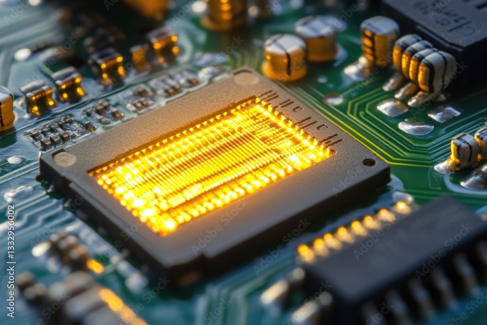 Poster a close-up view of a circuit board with a bright yellow light component, ideal for use in illustrati