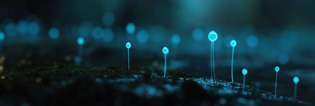 The image showcases glowing blue mushrooms sprouting in a dark forest, creating a mystical atmosphere and evoking feelings of wonder and the beauty of nature.