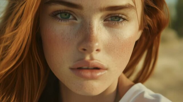 Young woman face portrait. Beautiful girl with long ginger hair outdoors