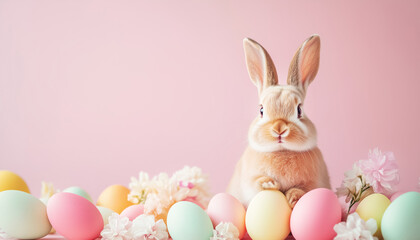 Cute Easter bunny peeks out from colorful eggs on a pinky background. Peacefully spring scene creates a festive mood, perfect for banners, greeting cards, and seasonal designs