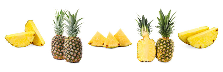 Fresh tasty pineapples isolated on white, set