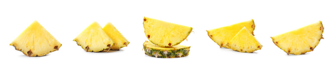 Fresh pineapple pieces isolated on white, set