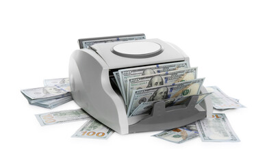 Money counter machine with dollar banknotes isolated on white