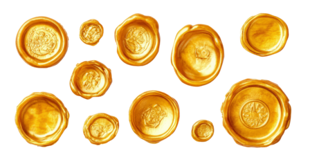 Set of golden wax seal isolated on transparent background.