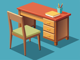 vector of simple office desk with a single drawer and a matching wooden chair. The table surface is smooth, ideal for writing, studying, or working.