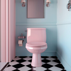A retro-style bathroom with a pink toilet, gold accents, and black-and-white tiles. The nostalgic aesthetic blends vintage elegance with modern sophistication.