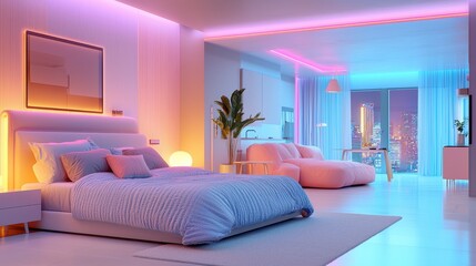 Modern Pink and Blue Bedroom Interior with City Night View and LED Lighting