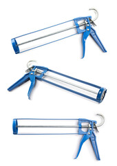 Caulking gun on white background, collage. Views from different sides