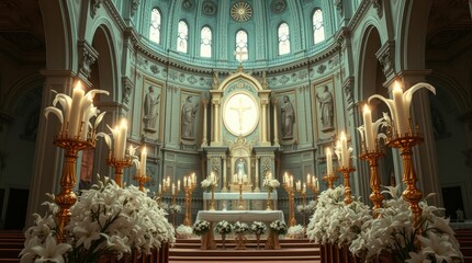 Obraz premium Stunning Church Interior with Candles and Lilies