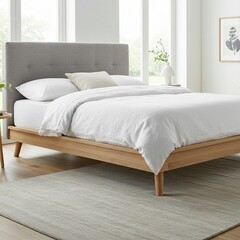 Cozy Bedroom Interior Featuring Minimalist Wooden Bed and Natural Light