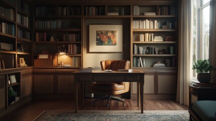A cozy home office with a wooden desk, a comfortable chair, and bookshelves