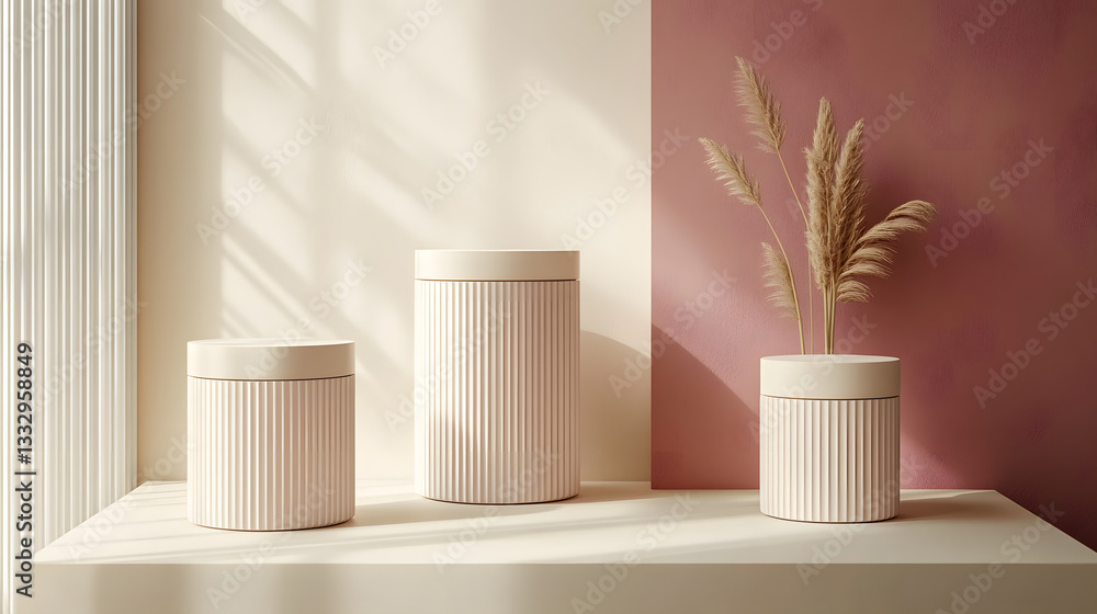 Poster abstract minimal scene with geometrical forms. cylinder podiums in cream pink colors. abstract backg
