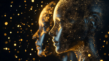 Technological Harmony: Artificial Intelligence Sculpture with Futuristic Shapes and Golden Lighting that Represents the Convergence Between Art, Technology and Innovation &ndash; Generative AI