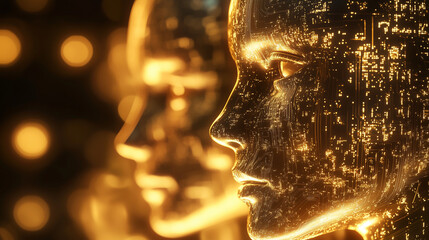 Technological Harmony: Artificial Intelligence Sculpture with Futuristic Shapes and Golden Lighting that Represents the Convergence Between Art, Technology and Innovation &ndash; Generative AI