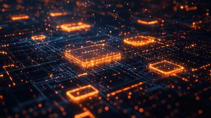Abstract illustration of a circuit board with glowing orange squares, depicting complex digital technology and intricate connections.