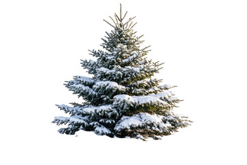 Snow-covered fir tree against black background, winter forest, cut out transparent