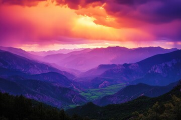 Obraz premium A serene landscape of a mountain range with the sun setting in the distance, suitable for use in travel or outdoor adventure contexts