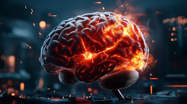 The human brain glowing from within. The tension is rising, the brain is ready to explode at any second. Mind power, concept.