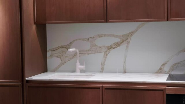 Trendy quartz stone with luxury marble background texture. Kitchen countertops with modern interior design and counters. Nobody