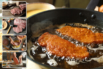 Schnitzel step-by-step recipe. Collage with photos of preparation