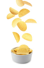 Tasty potato chips falling into bowl on white background
