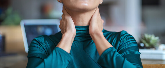 Close-up of woman's hands on neck, wearing teal turtleneck, soft fabric texture, suggesting comfort or stress relief