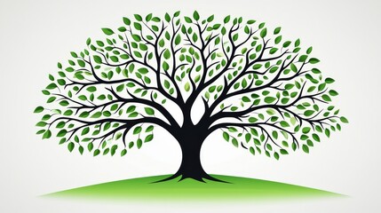 Fototapeta premium A tree depicted in a stylized manner, featuring green leaves growing from a curved, branch-like line on a light backdrop