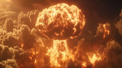 Fiery nuclear explosion mushroom cloud rising with smoke and fire.