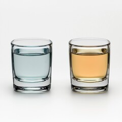 Two Shot Glasses with Clear and Amber Liquids on White Background