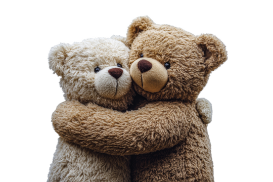 Two teddy bears hugging and embracing each other, cut out transparent