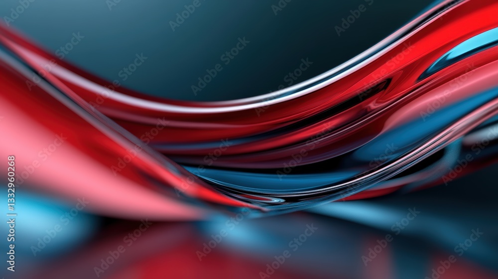 Poster abstract red and blue waves with glossy reflections and smooth curves