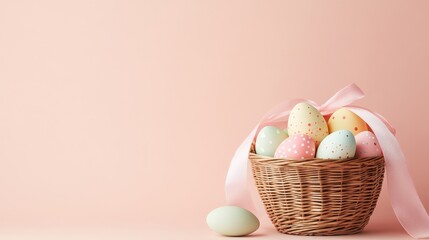 Fototapeta premium A spring-themed scene features a vibrant wicker basket adorned with decorated eggs on a simple background