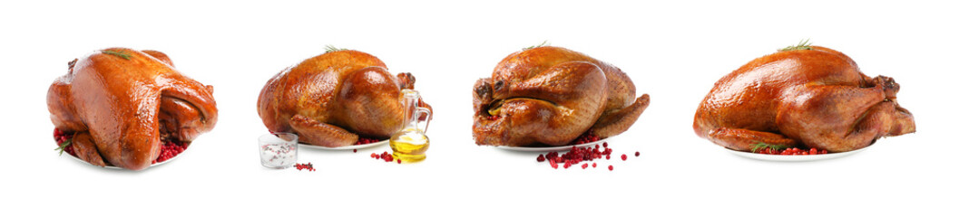Delicious baked turkeys with cranberries, spices and oil on white background, set