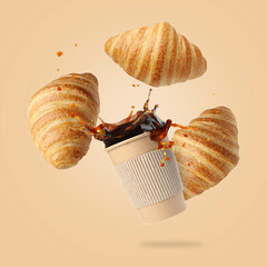 Tasty croissants and freshly brewed coffee. Puff pastry and takeaway cup in air on beige background