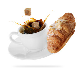 Tasty croissant and freshly brewed coffee. Puff pastry and cup in air on white background