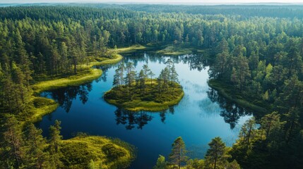 Fototapeta premium Aerial view of a dark blue lake with a small island surrounded by green forest. Trees reflect in the clear water. Beautiful nature scenery.