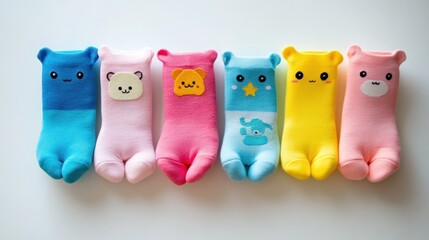 Six pairs of adorable baby socks with cute bear faces in pastel colors.