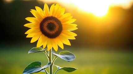 Fototapeta premium Single sunflower at sunset, vibrant yellow petals, green leaves, blurred background.