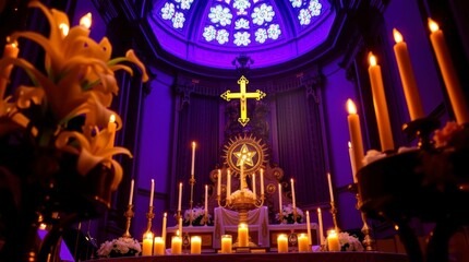Obraz premium Luminous Church Altar Candles Lit at Night