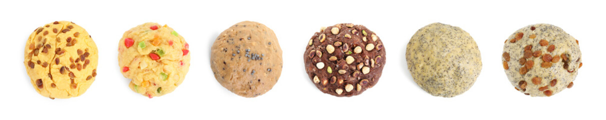 Different types of dough isolated on white, set. Top view