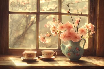 A calm spring setting adorned with cherry blossoms and teacups