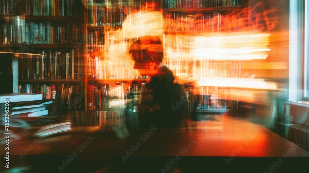 Poster a person studying or reading in a quiet library setting