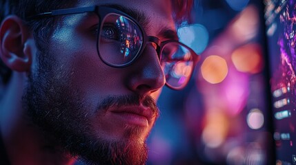 Focused man in glasses reflects screen in bright, colorful, blurred environment