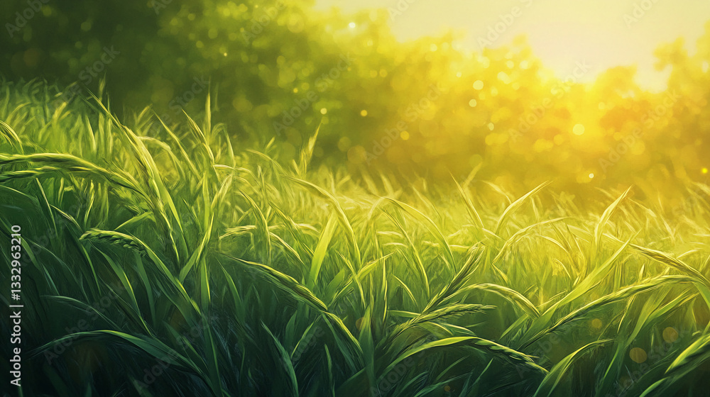 Poster close-up of green grass blades, illuminated by sunlight, creating a vibrant and textured image symbo