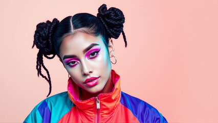 Young girl with bright face makeup on pink background. Girl dressed in a vintage sports windbreaker