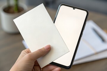 Obraz premium Realistic mockup of a blank vertical greeting card held next to a smartphone with an empty screen. Perfect for showcasing digital and print design comparisons, branding, or stationery concepts.