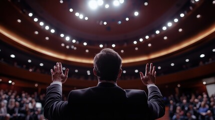 Rear view of a confident male pastor or politician raising both hands in front of a packed auditorium, illuminated by circular overhead lights. 