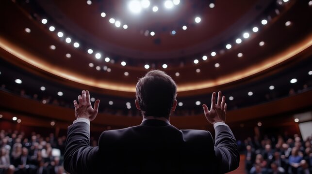 Rear view of a confident male pastor or politician raising both hands in front of a packed auditorium, illuminated by circular overhead lights. 