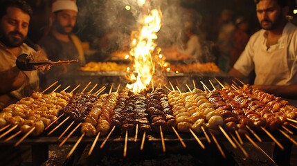 Night market street food skewers grilling, flames, crowd