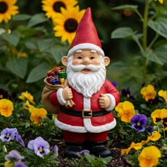 Festive Garden Gnome with Gifts Surrounded by Colorful Flowers